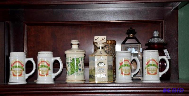 lot 10 image: 4 steins & 2 golf decanters 10" tall...