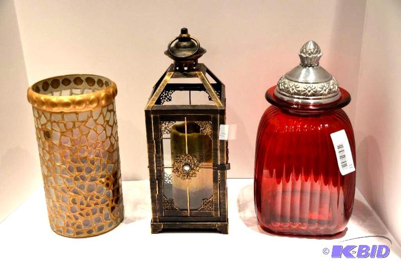 lot 11 image: Red glass cookie jar 12" tall, lantern c...