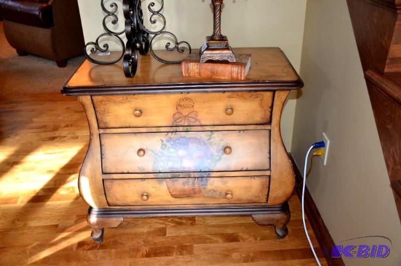 lot 139 image: 3 drawer chest. Measure 32. x. 16. x 28. Has ...