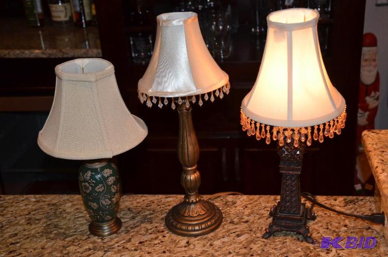 lot 248 image: 3 table lamps, two have glass beads, the tall...