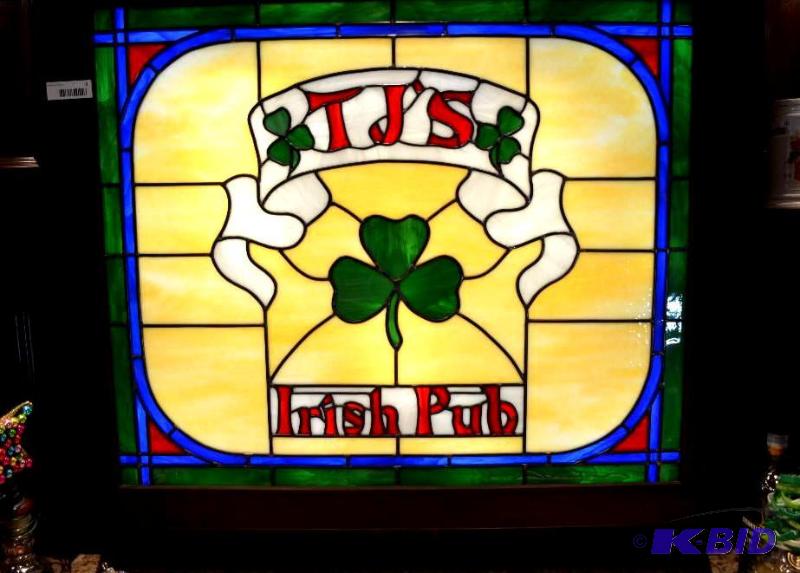 lot 3 image: Lighted Irish Stain glass in Cherry wood ...
