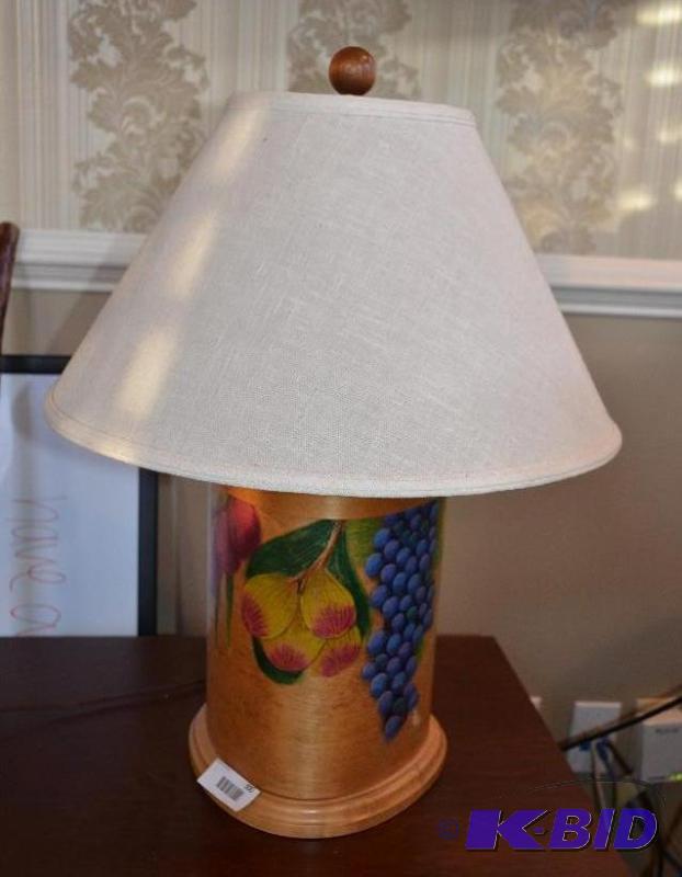 lot 300 image: Wooden table lamp with fruit paintings, 23&qu...