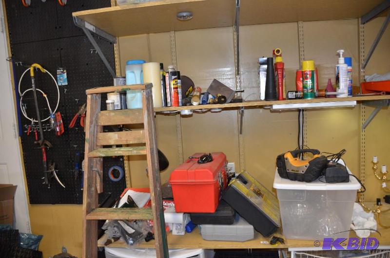 lot 304 image: Tools and garage items -red tool box, hand to...