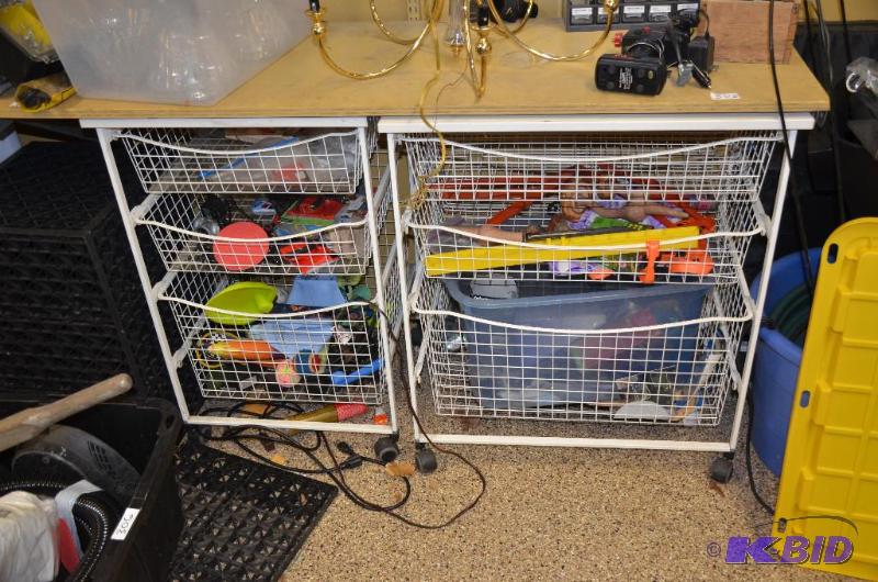 lot 305 image: Metal wire shelving unit and contents. Plywoo...