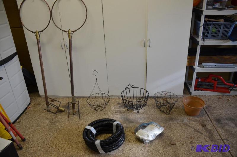 lot 306 image: Brass plant stand, wrought iron plant baskets...