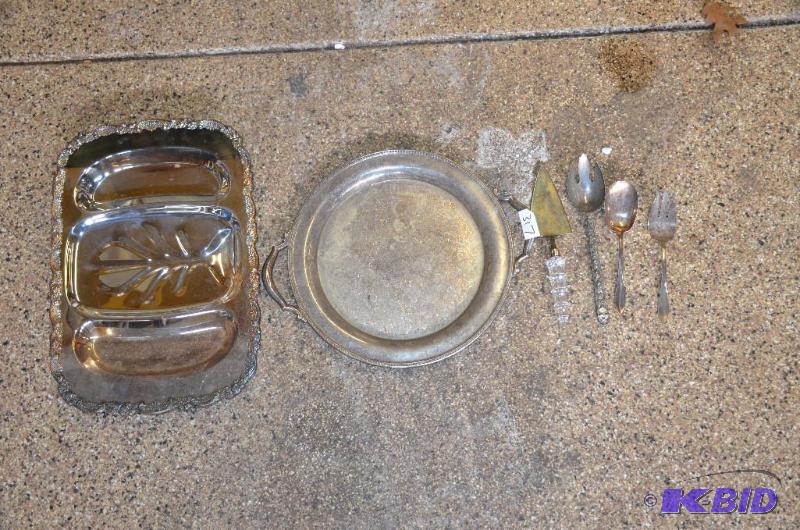 lot 317 image: 2 silver platters & utensils, the round t...