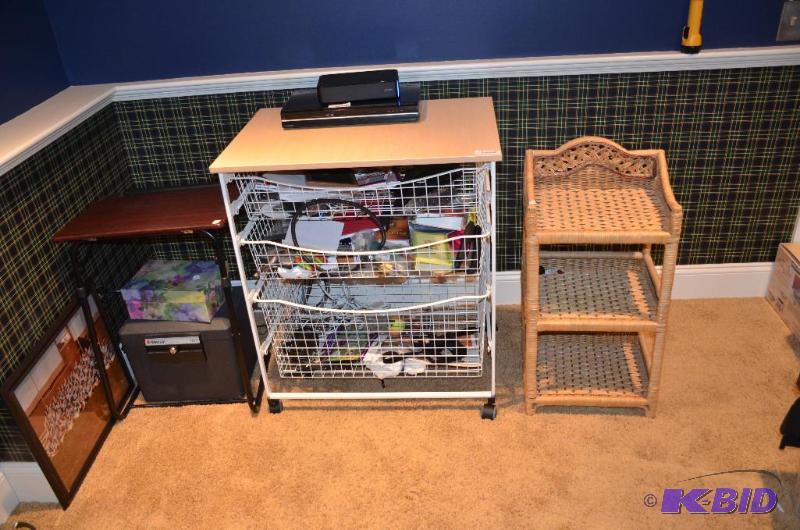 lot 57 image: 3 tables - wicker shelf 12x16x32", lapto...