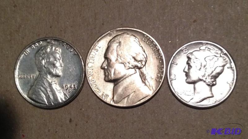 World War 2 Type Set 1943-D Steel Cent 1944-P Silver Nickel and 1945-D Mercury Dime Flashy