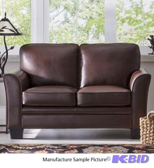 lot 22 image: Braddock Brown Like Leather Loveseat - Add ex...