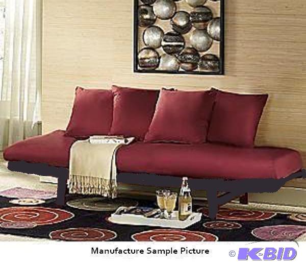 lot 4 image: Futon Lounger - Burgundy red cushions and bla...