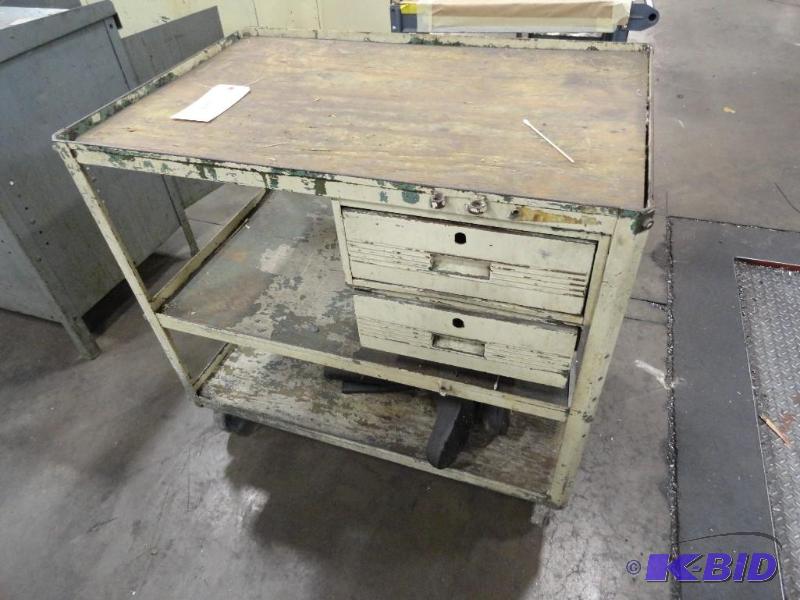 lot 325 image: 3-shelf 2-drawer rolling cart with assorted...