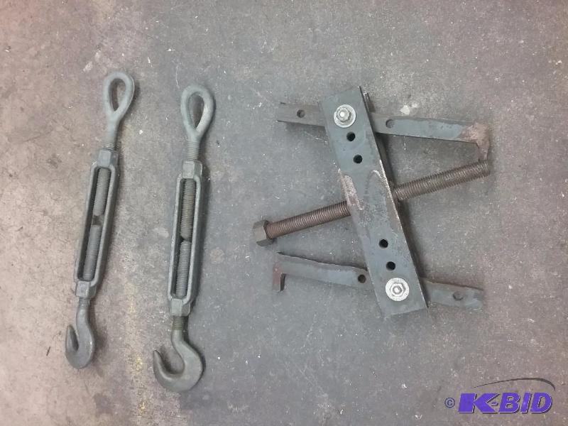 lot 453 image: (2) 8" turnbuckles, shopmade 2-jaw pulle...
