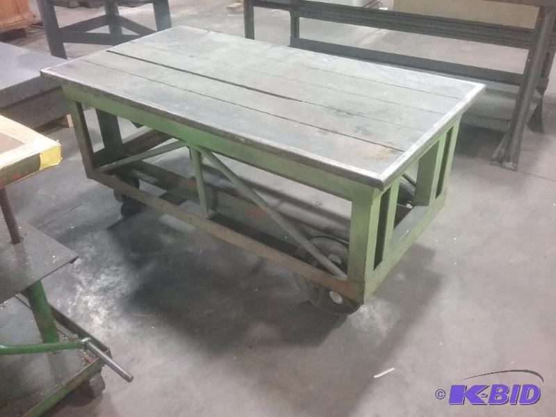 lot 515 image: Wood top, steel framed rolling table, 32"...