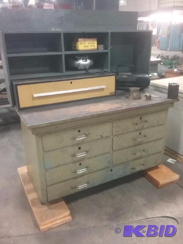 lot 517 image: Heavy duty steel workbench, 7-drawers, wood t...