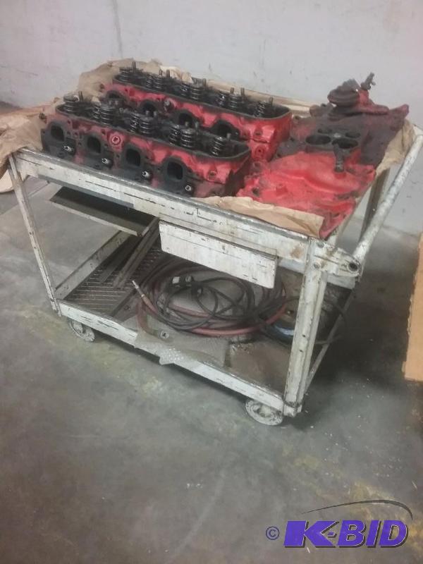lot 529 image: Steel rolling cart with contents GM V8 cylin...