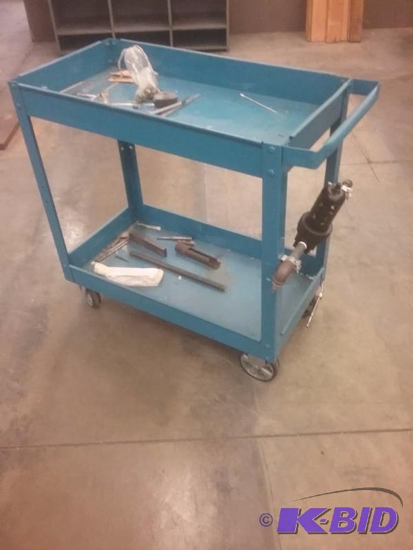 lot 581 image: Rolling steel cart, (2) tray style shelves, O...