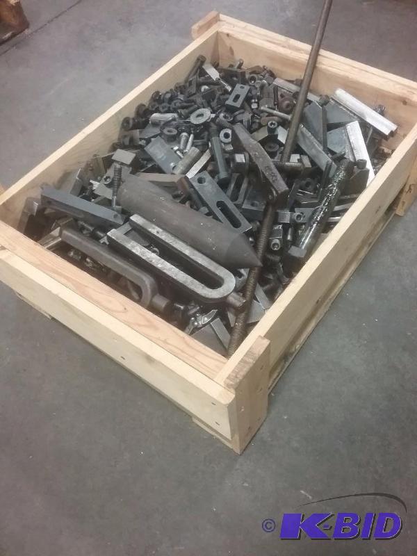 lot 585 image: Wooden box of hold downs, bolts, large MT 6 c...