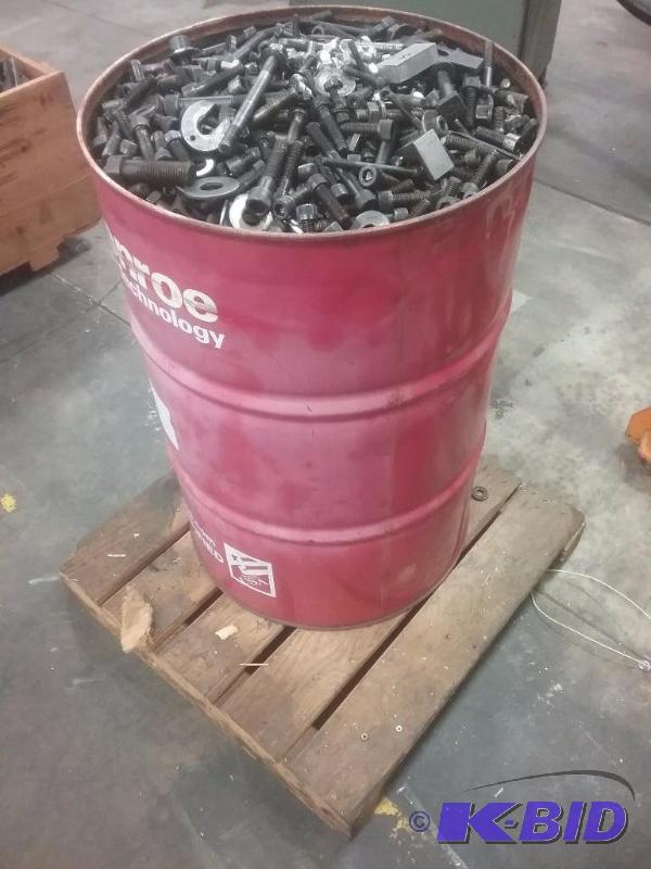 lot 591 image: 55 gal. drum of bolts and some hold downs   Y...