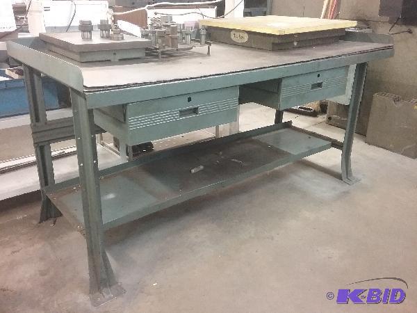 lot 63 image: Steel workbench with hardboard top and shelf ...