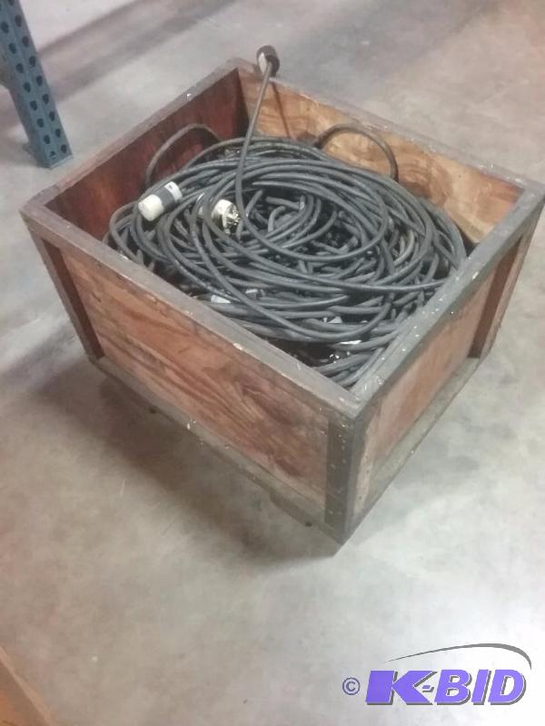 lot 630 image: Wooden crate with electrical extension cords,...