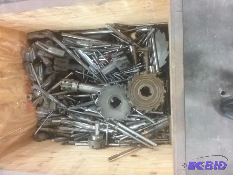 lot 708 image: Wooden box of assorted cutting tools reamers...