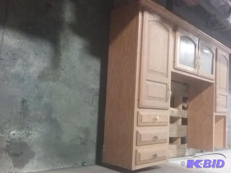 lot 718 image: Wood top hutch for desk, 4-door, 3-drawer, 72...