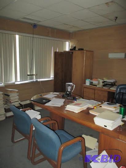 lot 158 image: Wood Office workstation, cabinet and overhead...