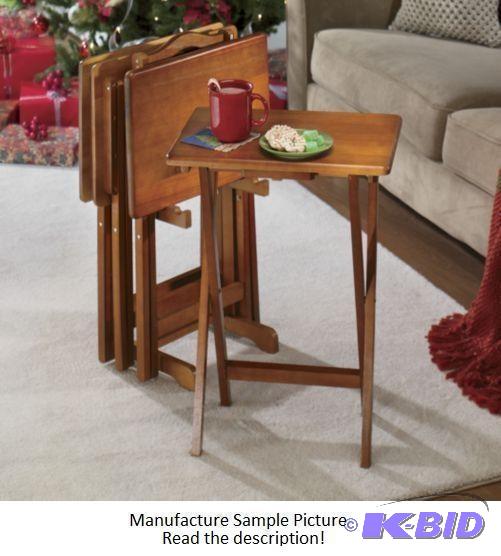 5 Piece Oak Finish Tray Table Set - Convenien...
