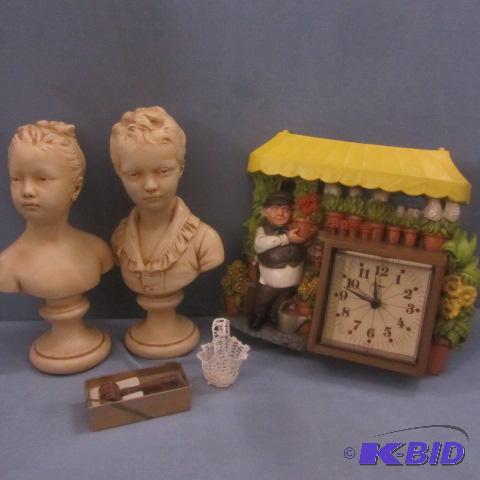 lot 92 image: Home Interiors Clock & Busts, Gavel