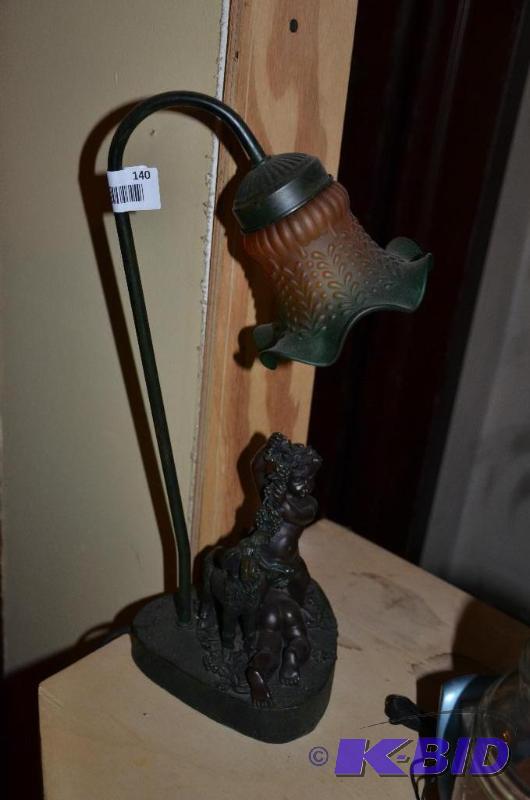 lot 140 image: Tiffany style lamp with green glass tulip sha...