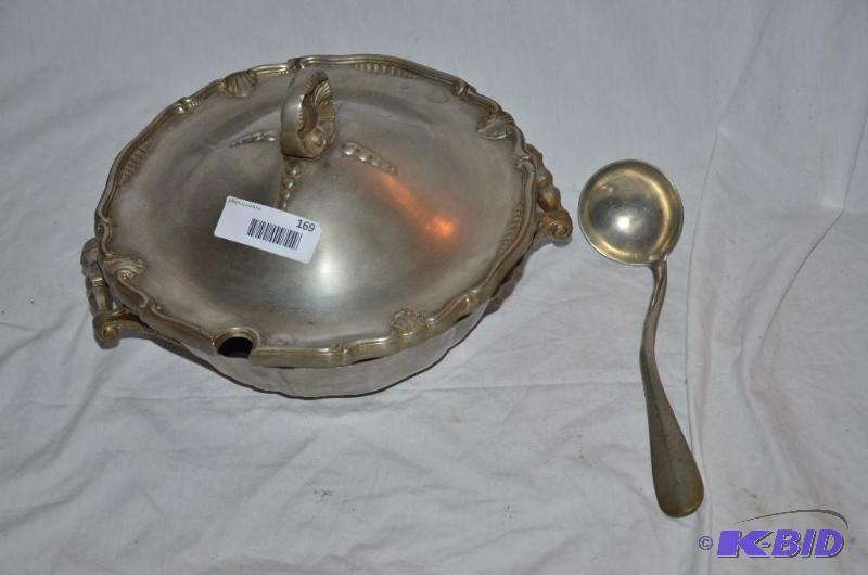 lot 169 image: Orate pewter serving bowl with ladle 12"...