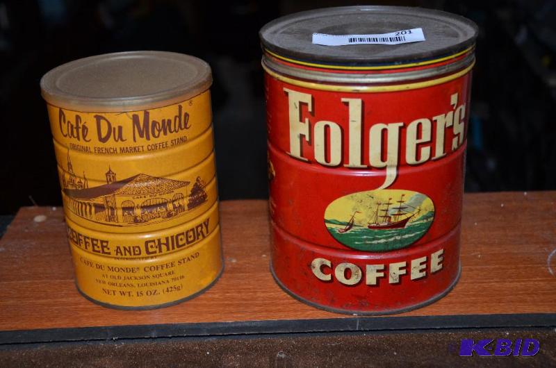 lot 201 image: Anique Folgers metal coffee can 8" tall,...