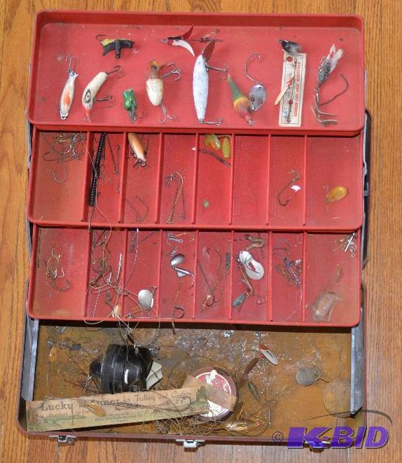 lot 222 image: metal Fishing tackle box with gear, some uniq...