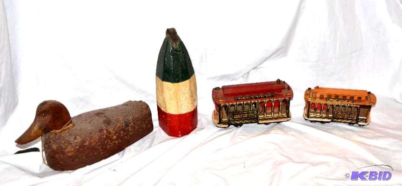 lot 24 image: Antique duck decoy 15" long & 2 San ...