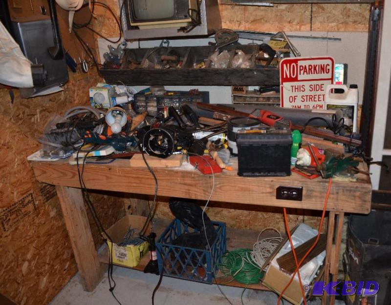 lot 241 image: tool bench full of tools, Skil router model 1...