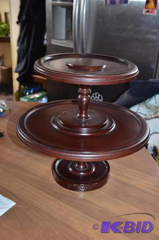 lot 293 image: Wooden 2 tier candy dish 14" diameter...