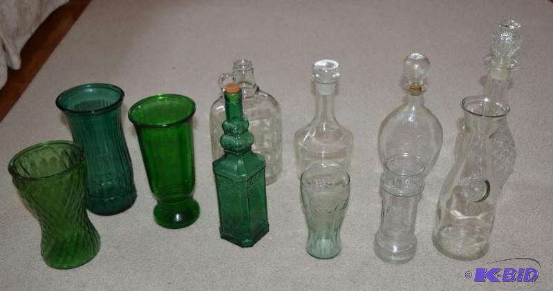 lot 313 image: Decanters, green glass vases, Coke glass, Red...