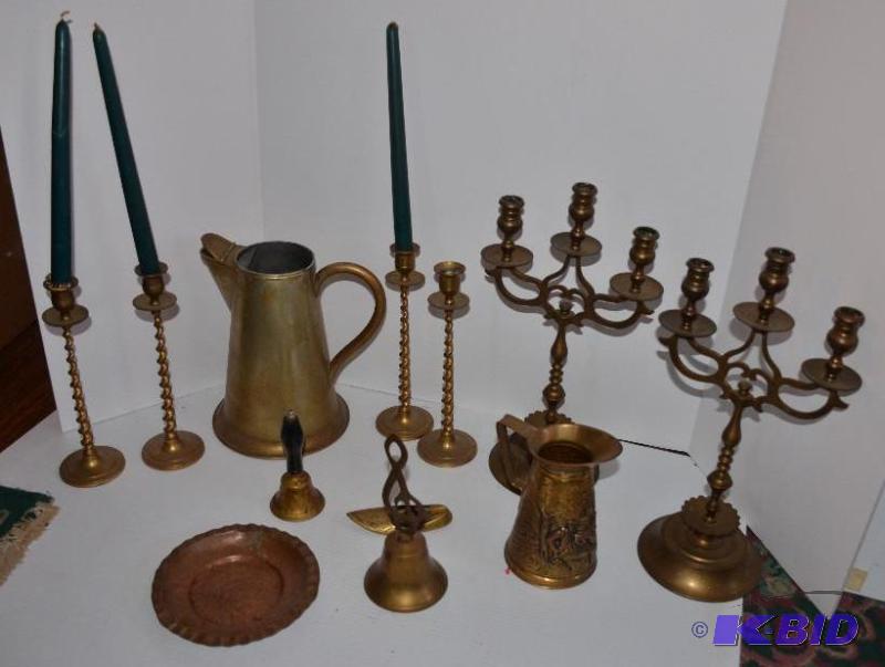lot 319 image: Brass collection - candle sticks, plate, wate...