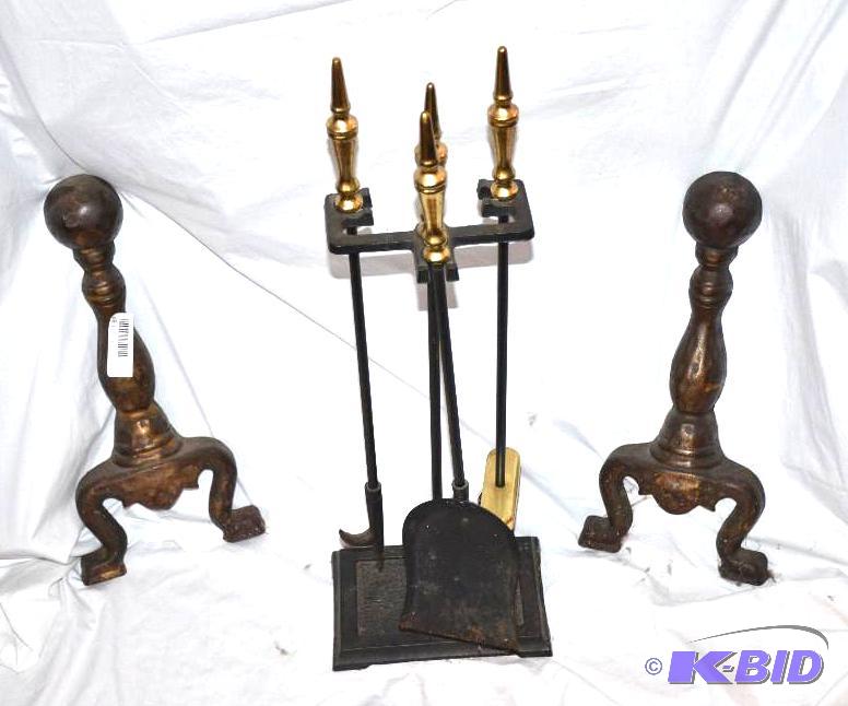 lot 37 image: Fireplace tools plus 2 solid iron decorative ...