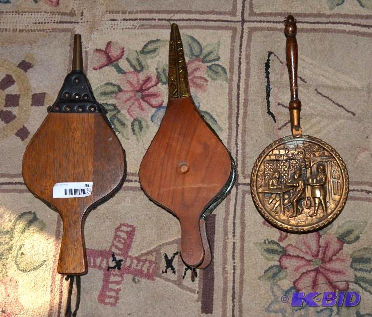 lot 39 image: 2 antique bellows and one decorative metal pi...