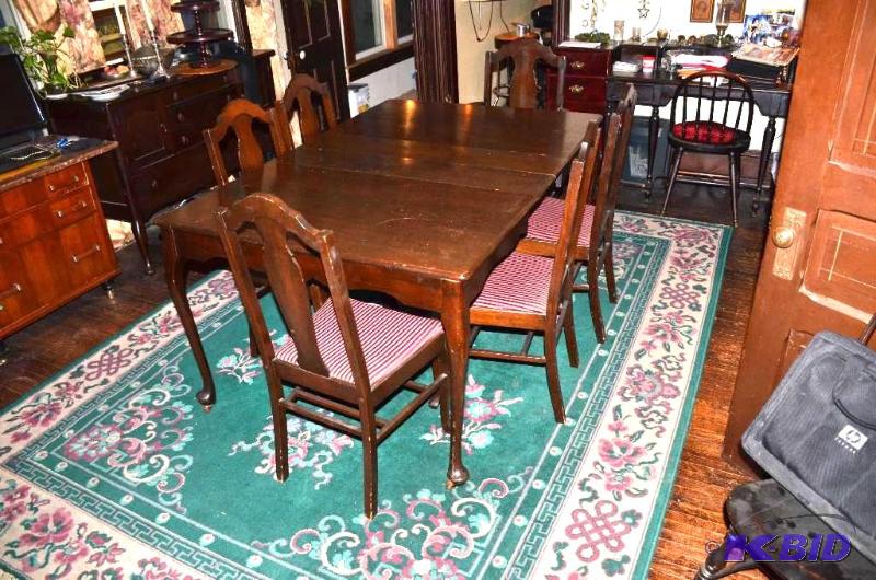 lot 4A image: Antique table & 6 chairs. 2 leafs 6"...