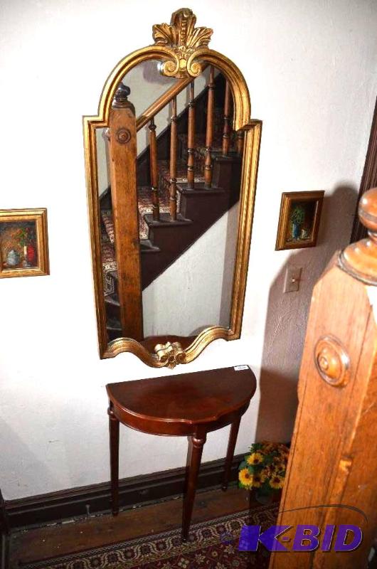 lot 60 image: Mirror 24x52 & vintage wood table 12x26x3...