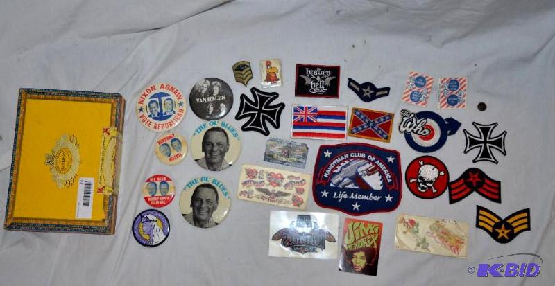 lot 73 image: political buttons, military patches, Band pat...