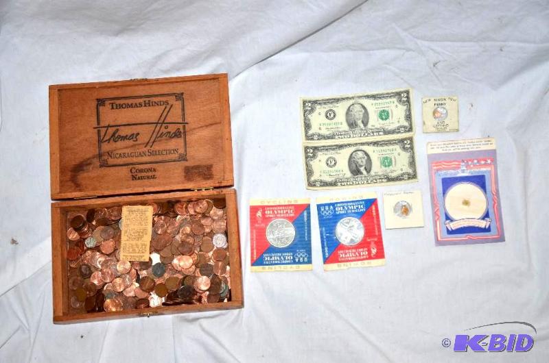 lot 74 image: Wooden box full of vintage pennies, 2 Olympic...