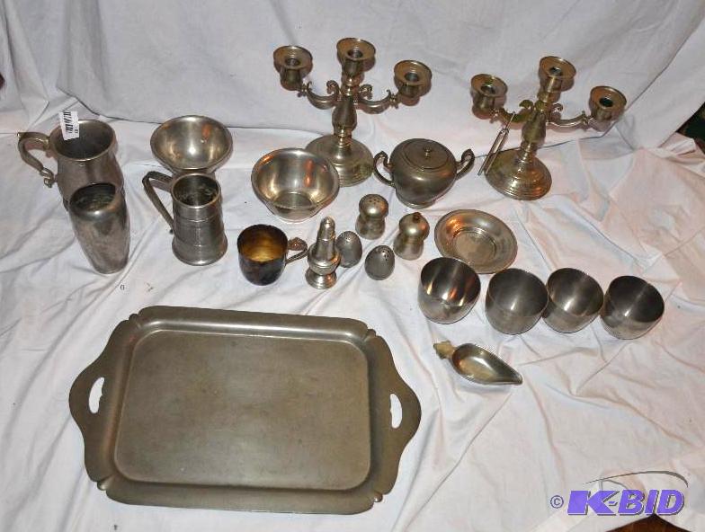 lot 87 image: Jefferson Cap pewter, tray, candlesticks, sal...