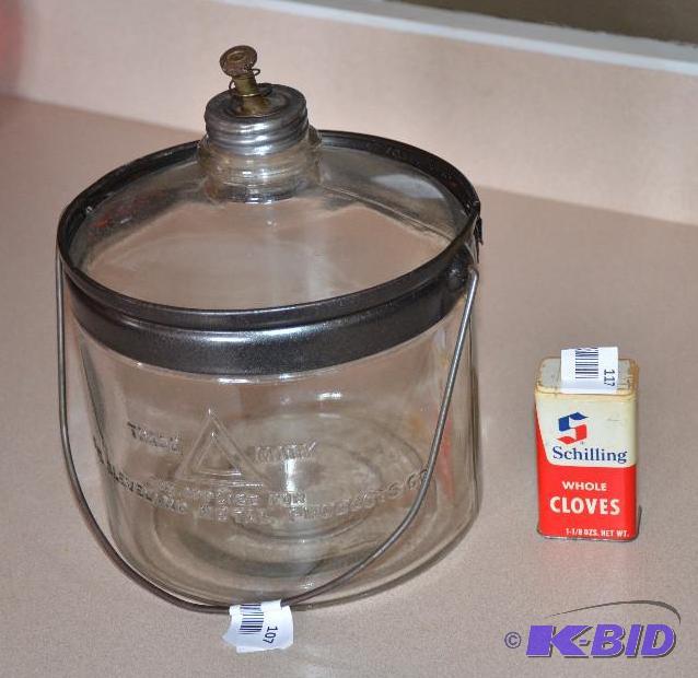 lot 107 image: Antique glass kerosene gallon dispenser with ...
