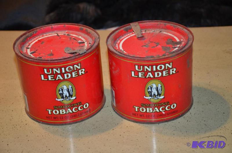 lot 108 image: 2 red Union Leader Tobacco tins 5x5 vintage...