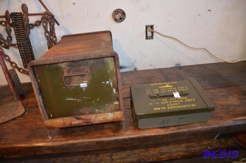 lot 141 image: Military ammo box 15x10x4 and metal file draw...