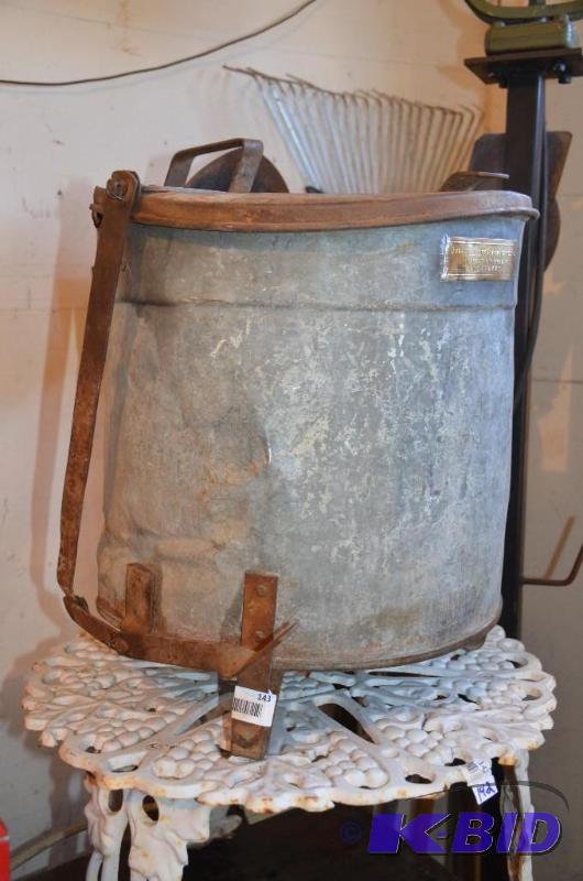 lot 143 image: Antique metal waste can 16x16. The bottom is ...