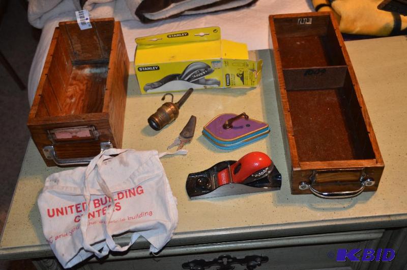 lot 178 image: Library catalog wood boxes, Stanley plane new...